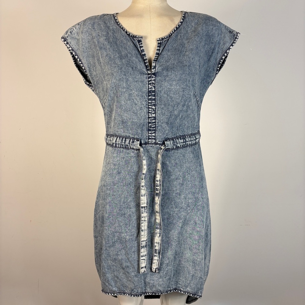 Vero Moda Acid Wash Denim Dress Cap Sleeve V-Neck Tie Waist Mini Boho XS